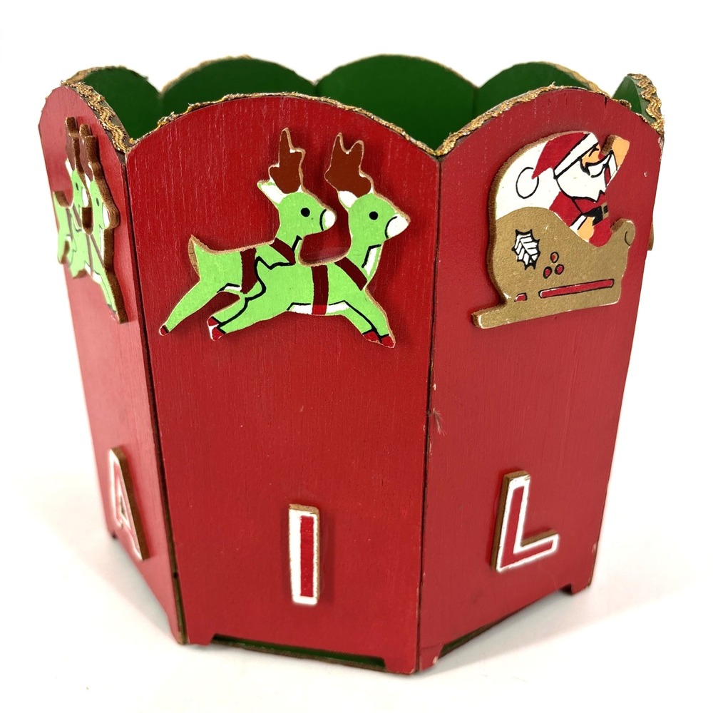 Vintage 1960s Wooden Folding Mail Box Christmas Card Holder Santa Xmas Japan